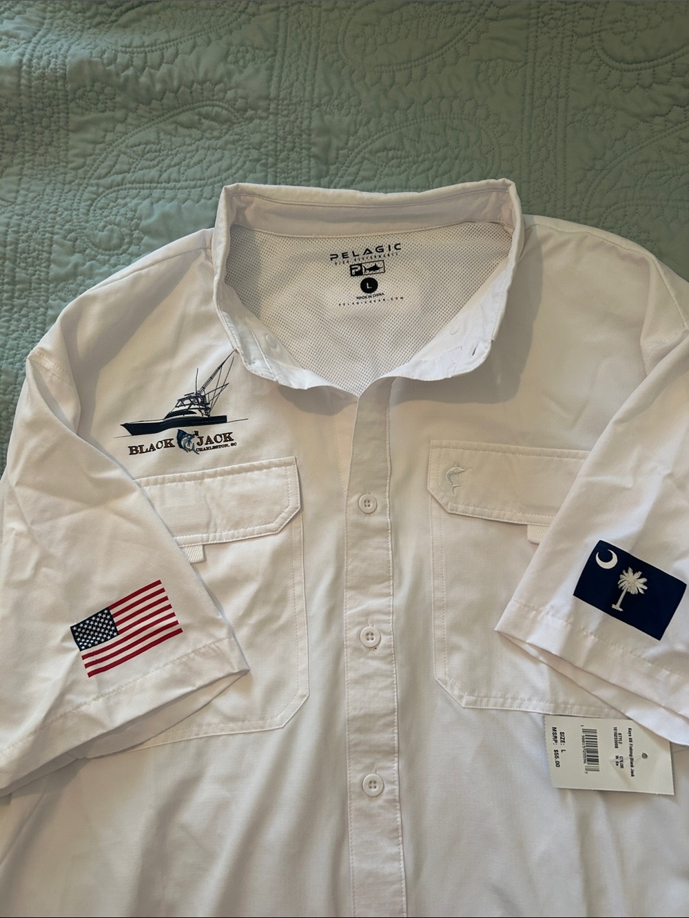 Pelagic White Short-Sleeve Button-Down Fishing Shirt with Logos
